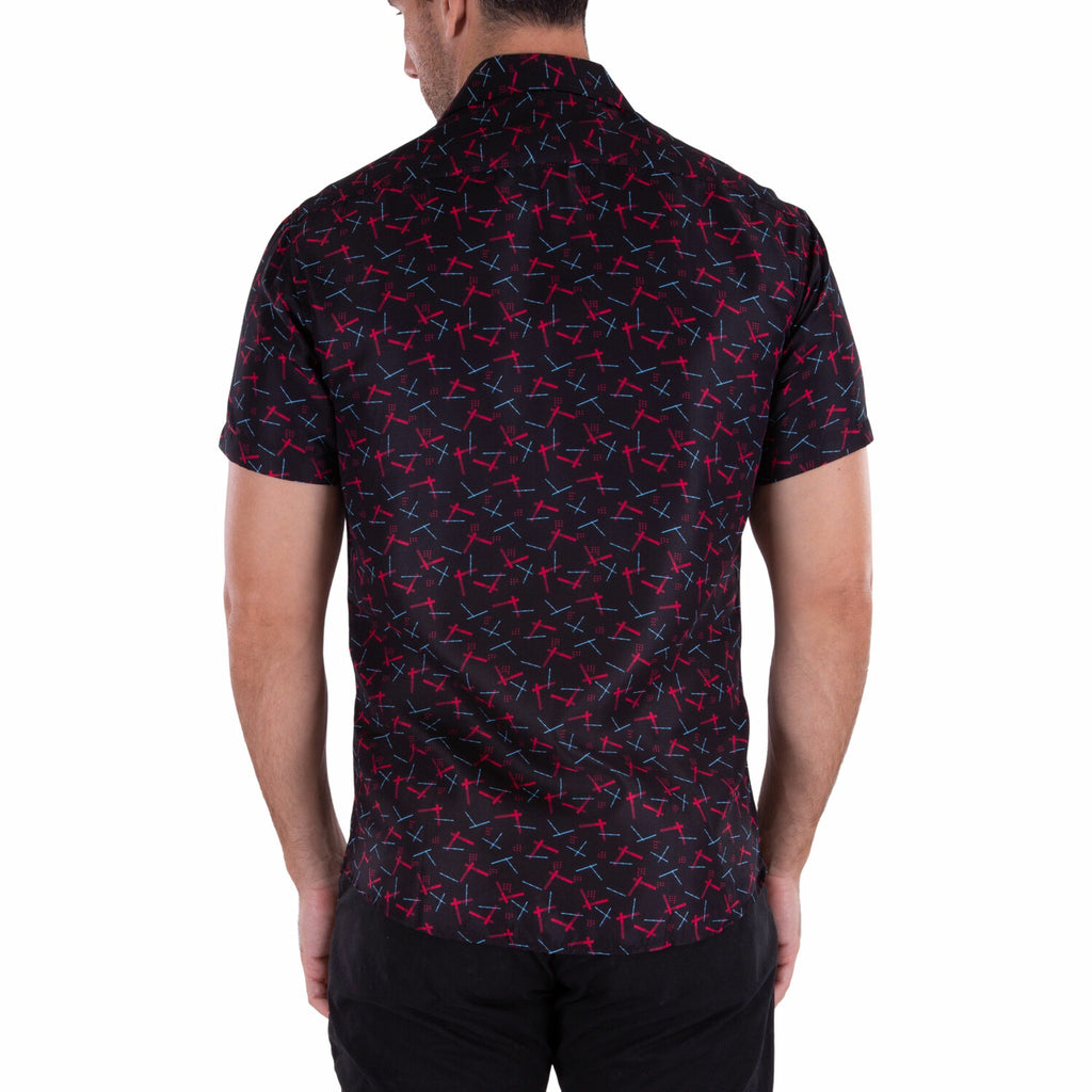 Patterned Short Sleeve Button Up Shirt // Black