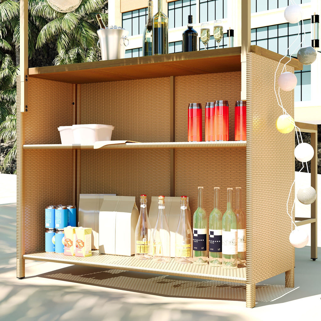 Hawaiian-Style Bar Height Patio Set With PE Grass Canopy - Natural