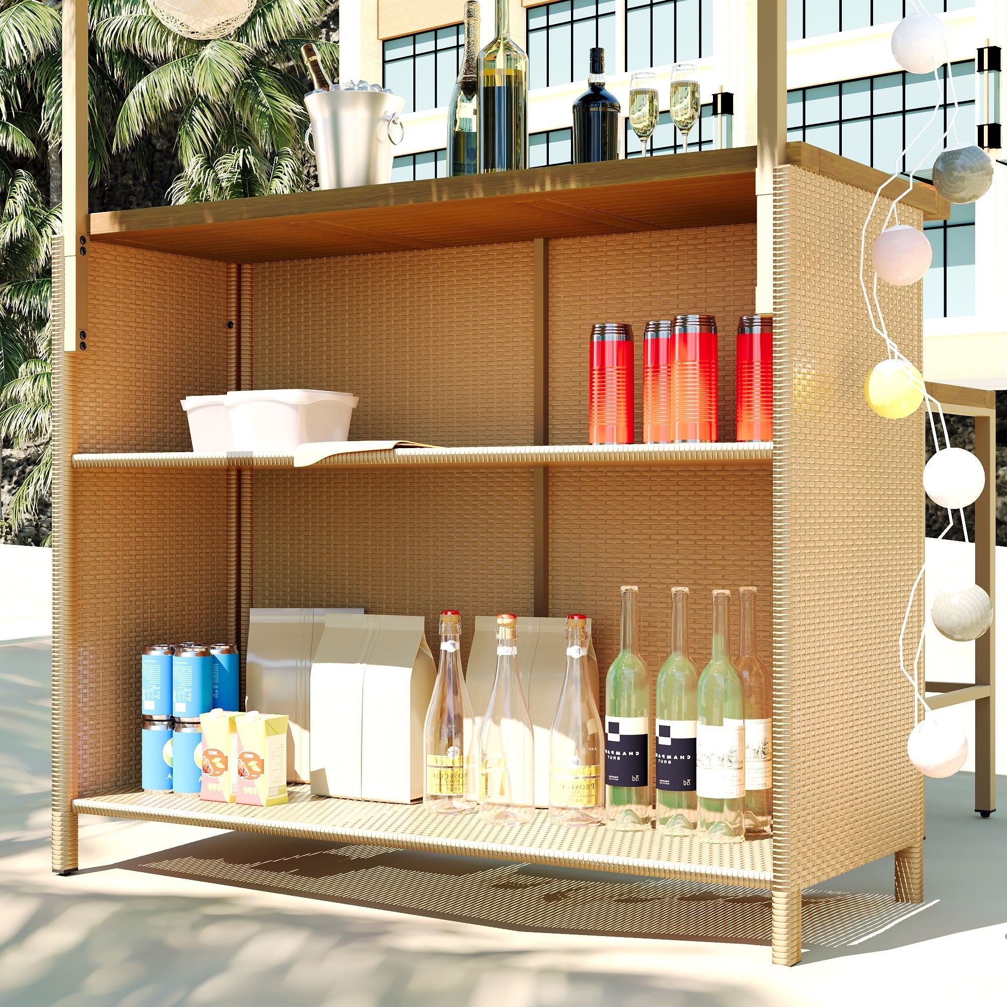 Hawaiian-Style Bar Height Patio Set With PE Grass Canopy - Natural