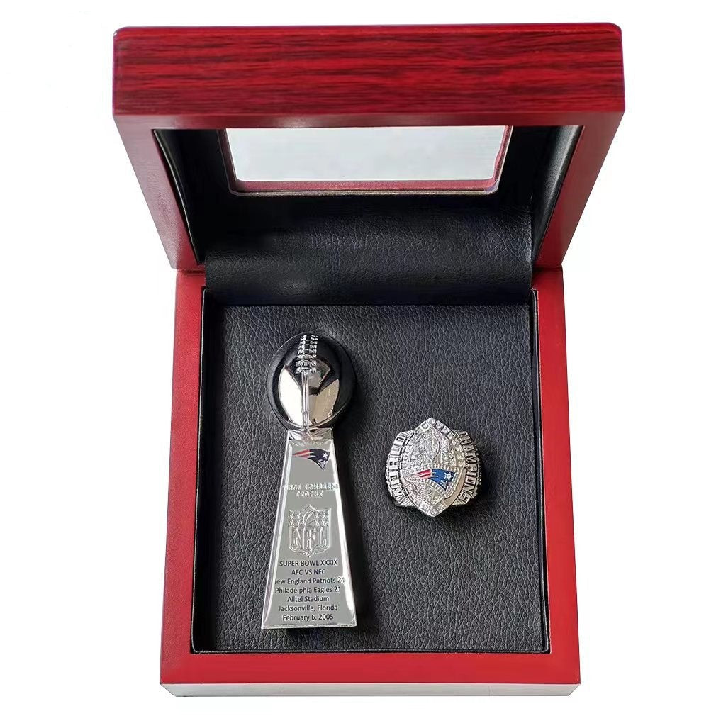 New England Patriots Super Bowl Championship Ring & Trophy Set– 2002, 2004, 2005, 2015, 2017 & 2019