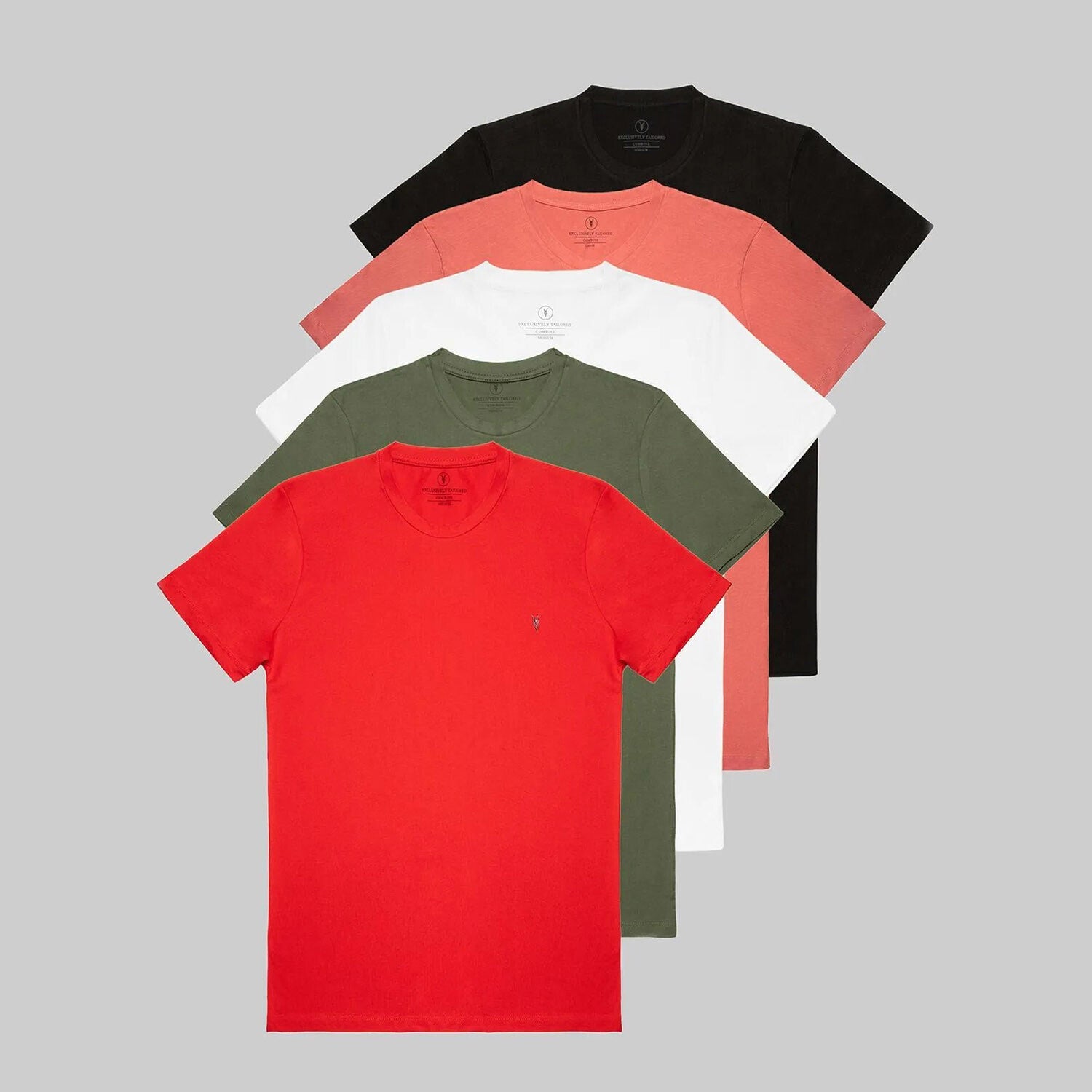 Set of 5 // Crewneck Regular Fit T-Shirts // Black + Salmon + White + Olive + Red
