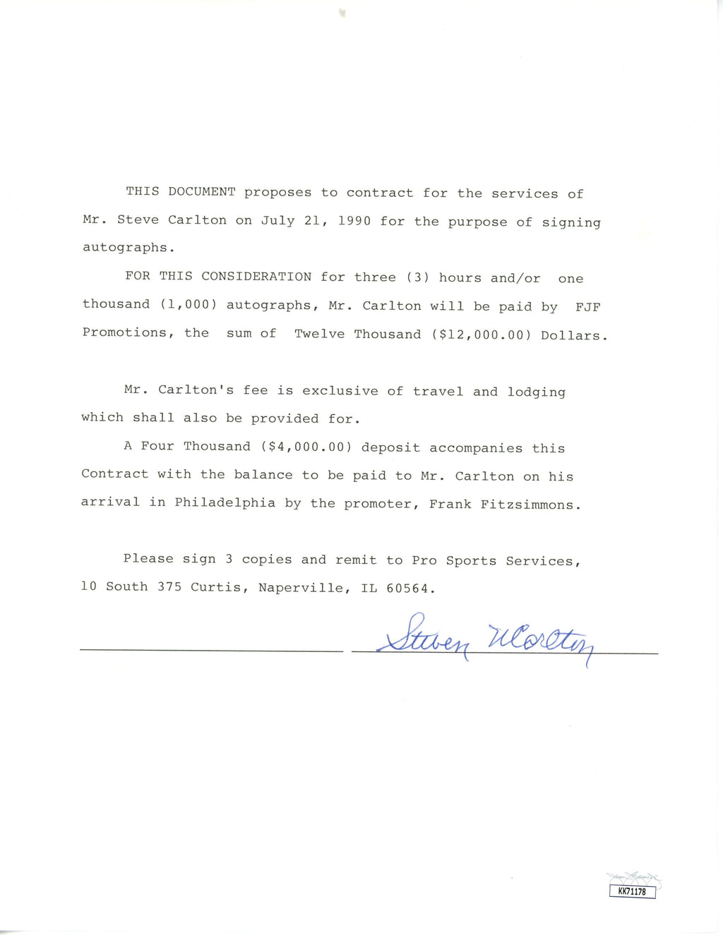 Steve Carlton HOF Signed 1990 Autograph Contract Philadelphia Phillies JSA171311