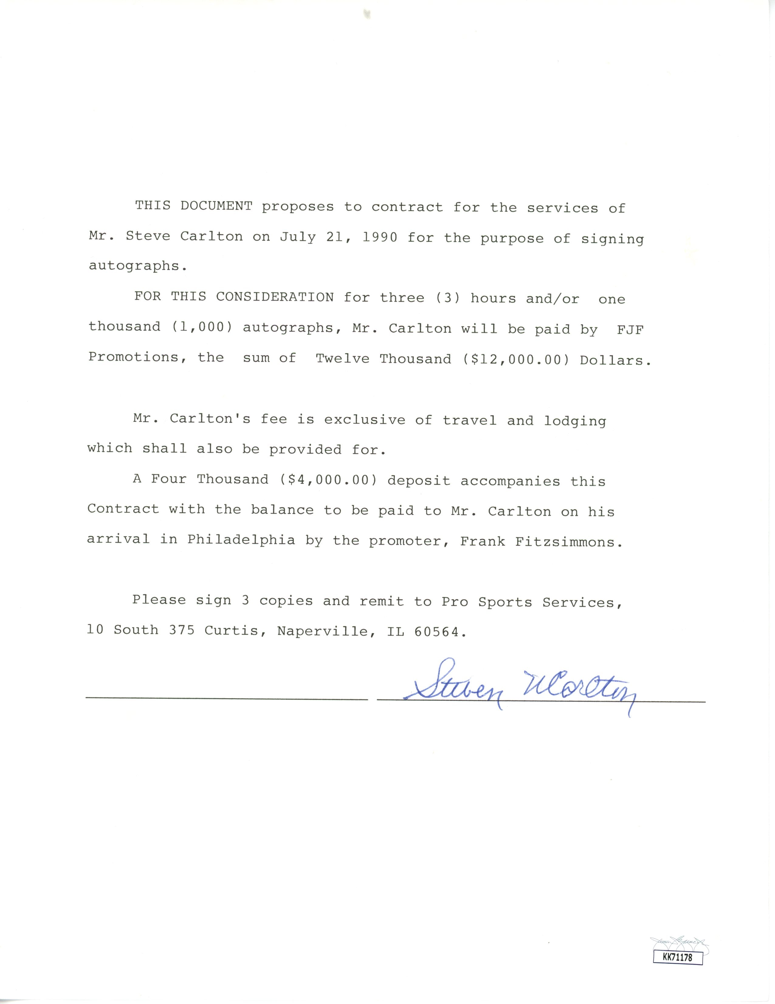 Steve Carlton HOF Signed 1990 Autograph Contract Philadelphia Phillies JSA171311