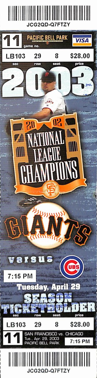 Barry Bonds Total Base # 5,000 (Creased) Full Ticket Giants 4/29/2003