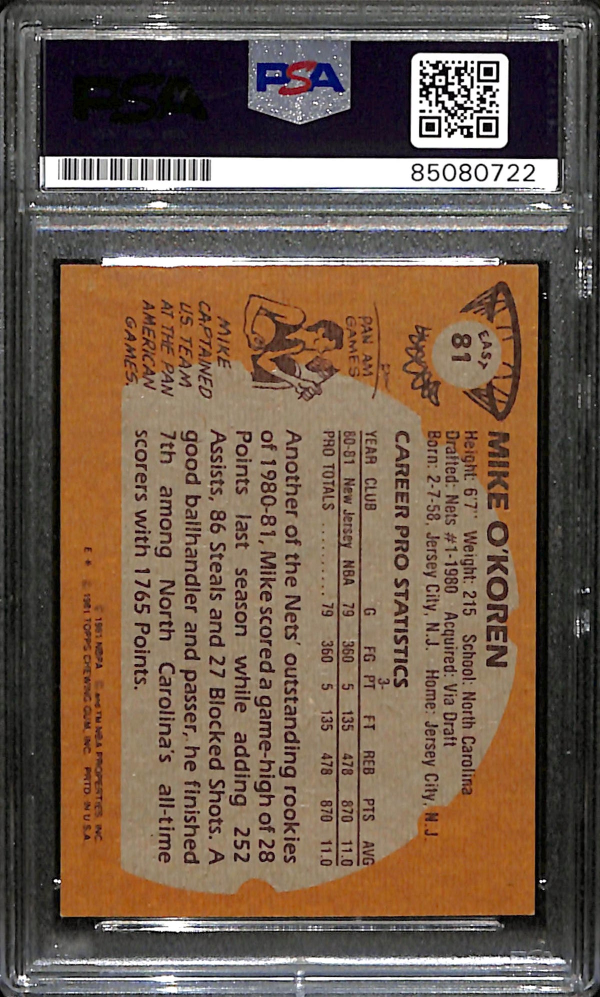 Mike O'Koren Signed 1981 Topps Card #81 New Jersey Nets PSA/DNA 185759