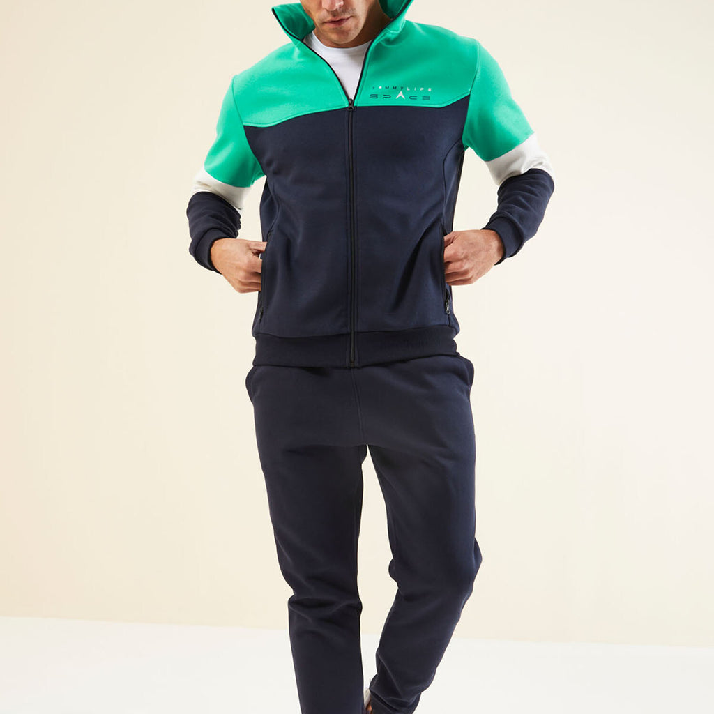 Men's High Collar Blocked Zippered Sweatshirt + Jogger Tracksuit Set // Turquoise + Indigo + White