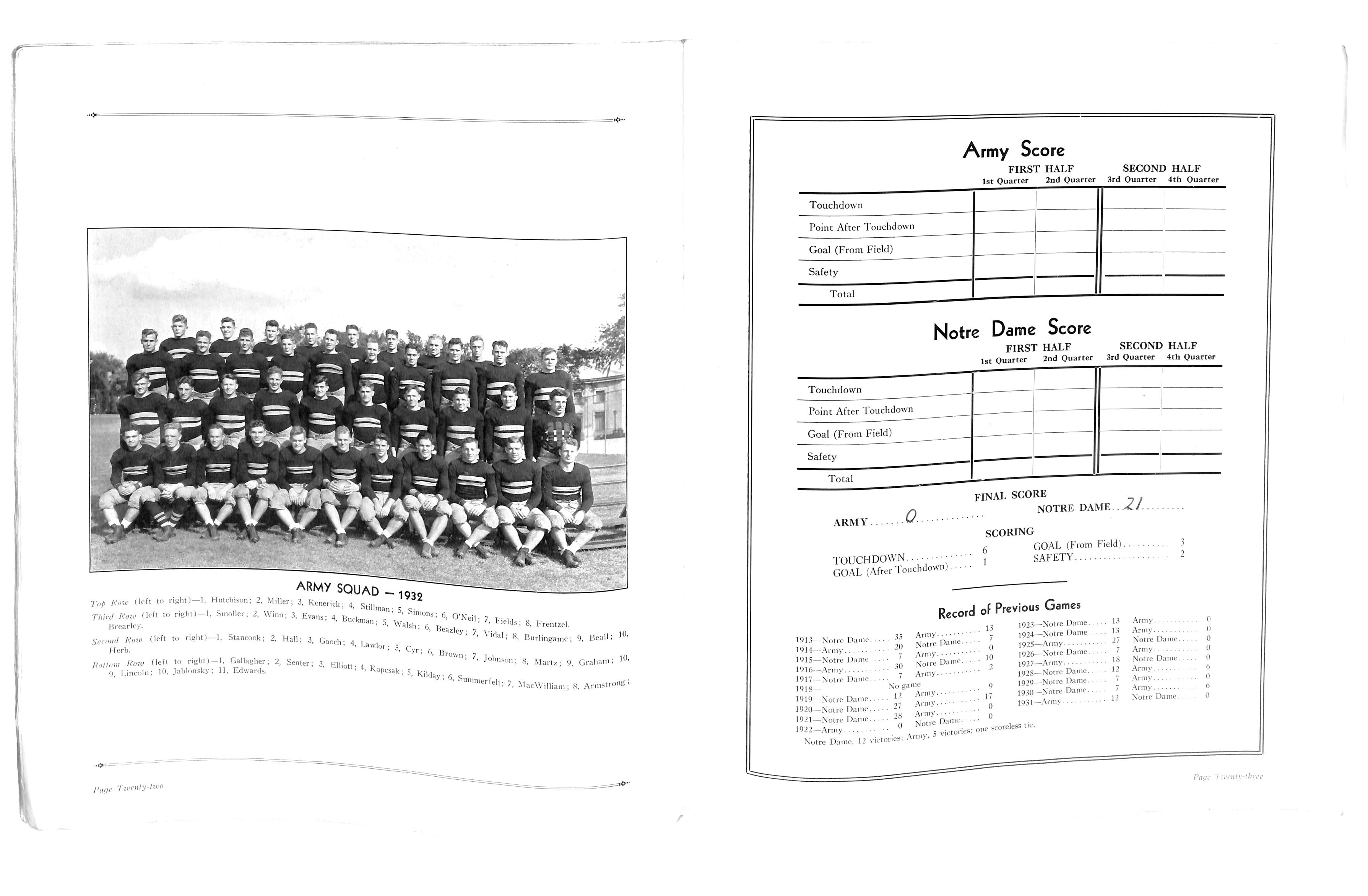 11/26/1932 Army vs. Notre Dame College Program 185775