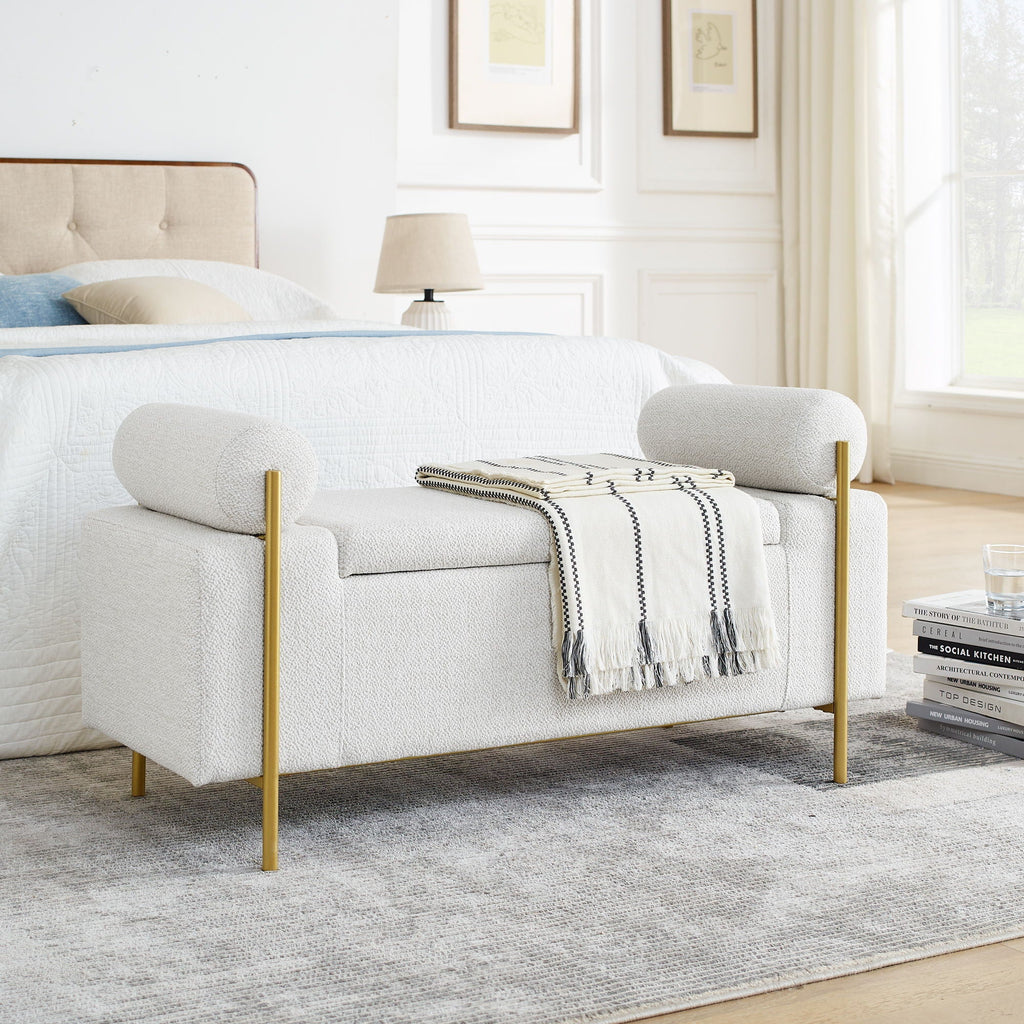 Elegant Upholstered Storage Bench With Cylindrical Arms And Iron Legs