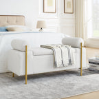 Elegant Upholstered Storage Bench With Cylindrical Arms And Iron Legs