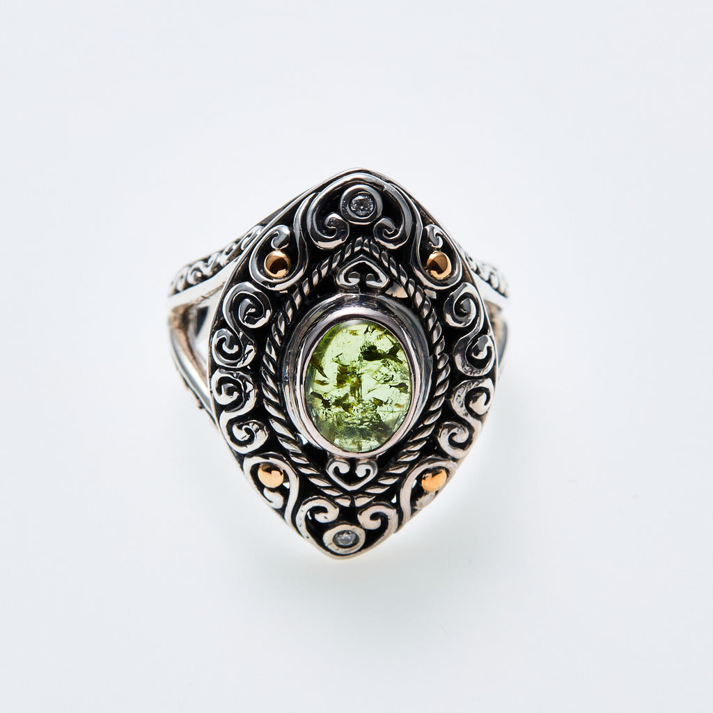SS + 18K +  Green Tormaline Ring + Diamond Accents