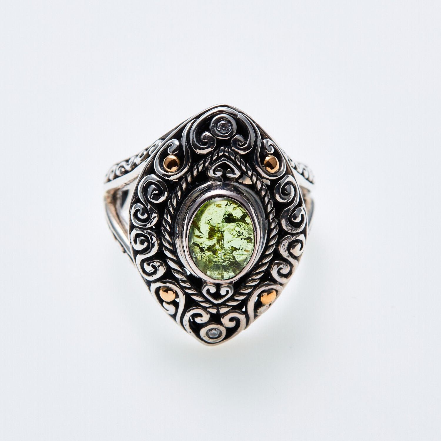 SS + 18K +  Green Tormaline Ring + Diamond Accents