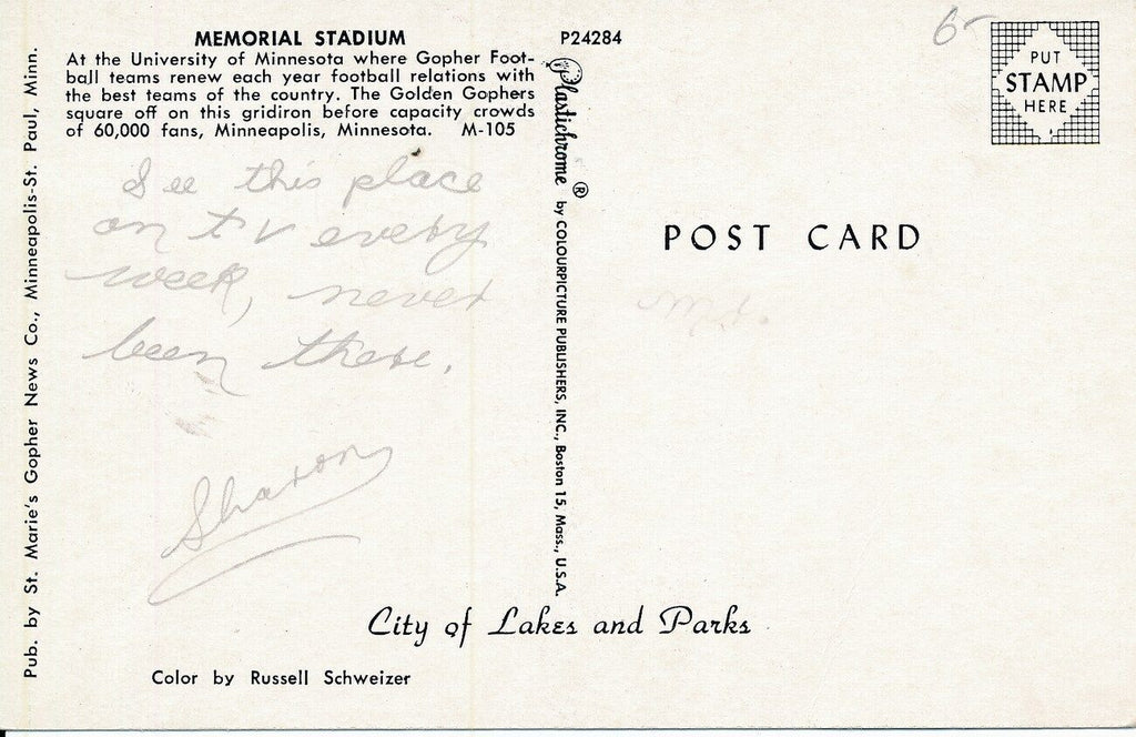 Vintage Football Themed Post Card of Univ of Minnesota Memorial Stadium 148990