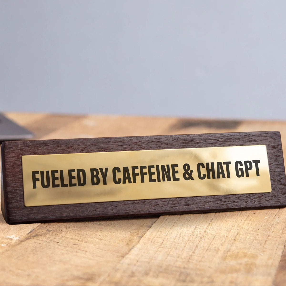 ☕ Fueled By Caffeine & ChatGPT Wooden Desk Sign 💡 Funny Home Office Gag Gift
