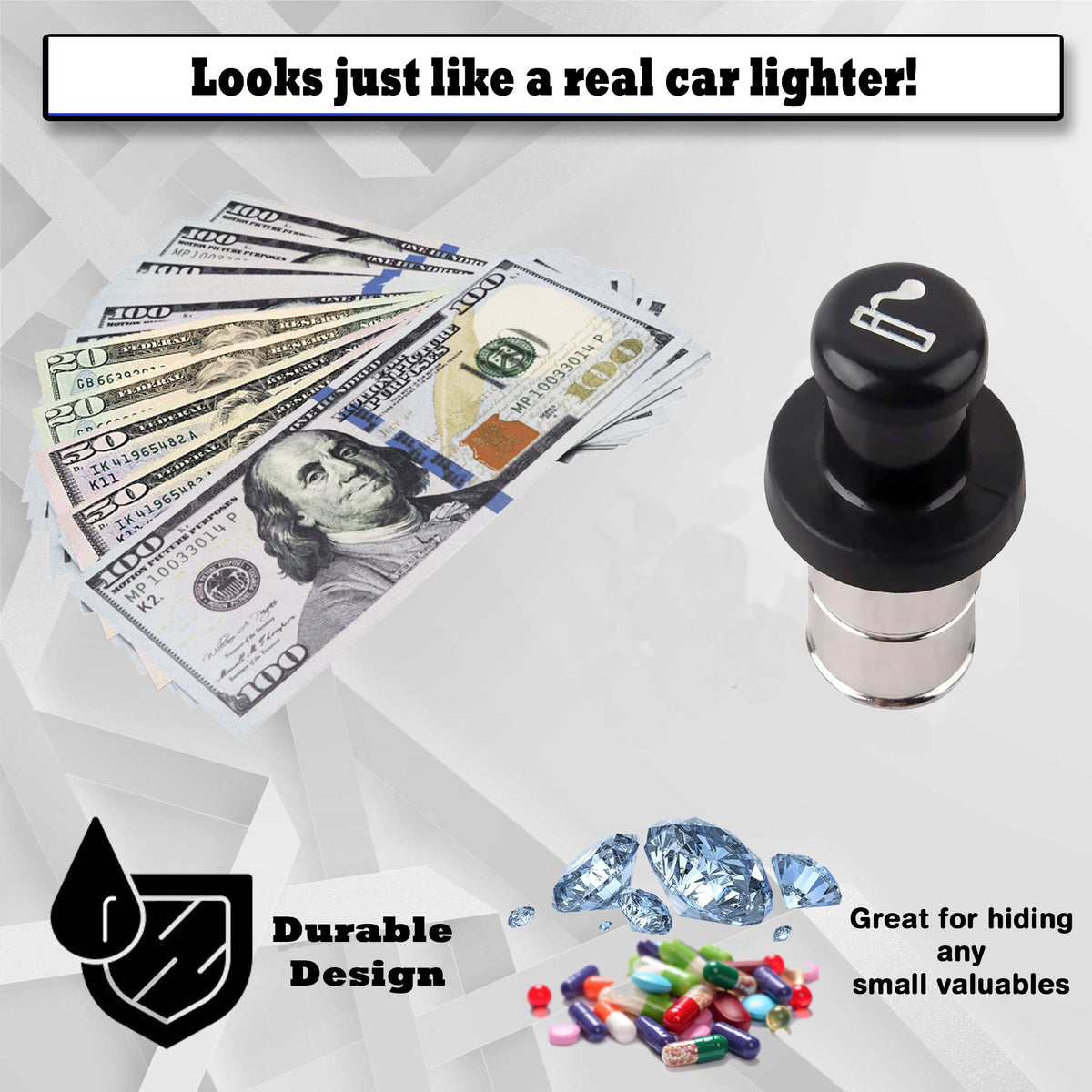 Fake Car Lighter Diversion Safe - Discreet Car Secret Compartment to hide money, jewelry, or pills while traveling
