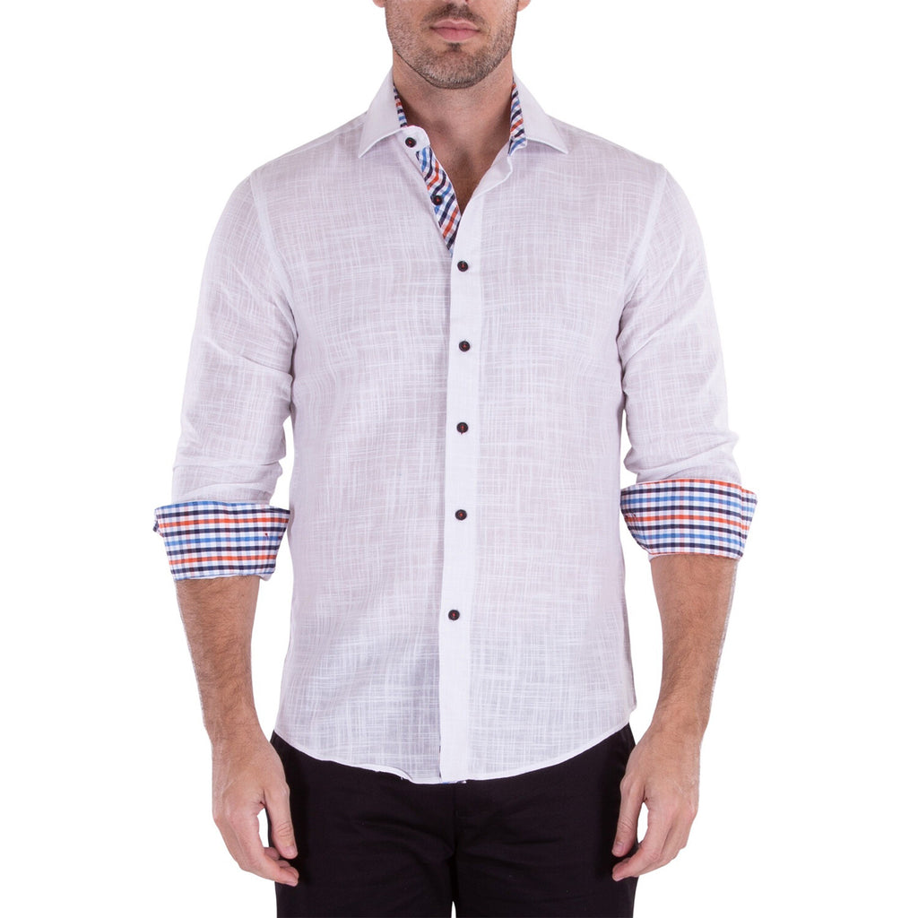 Linen Texture Contrast Cuff Long Sleeve Button-Up Shirt // White