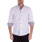 Linen Texture Contrast Cuff Long Sleeve Button-Up Shirt // White