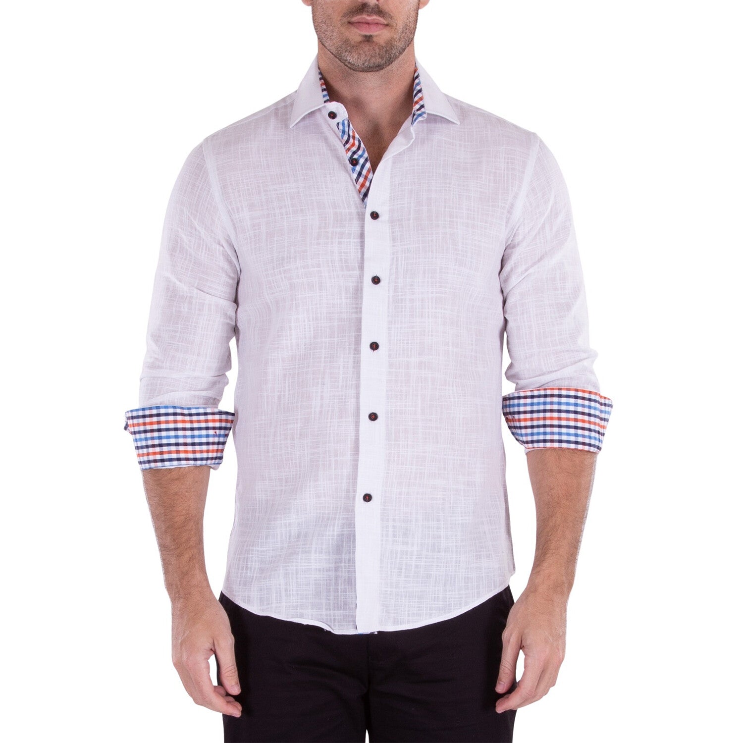 Linen Texture Contrast Cuff Long Sleeve Button-Up Shirt // White