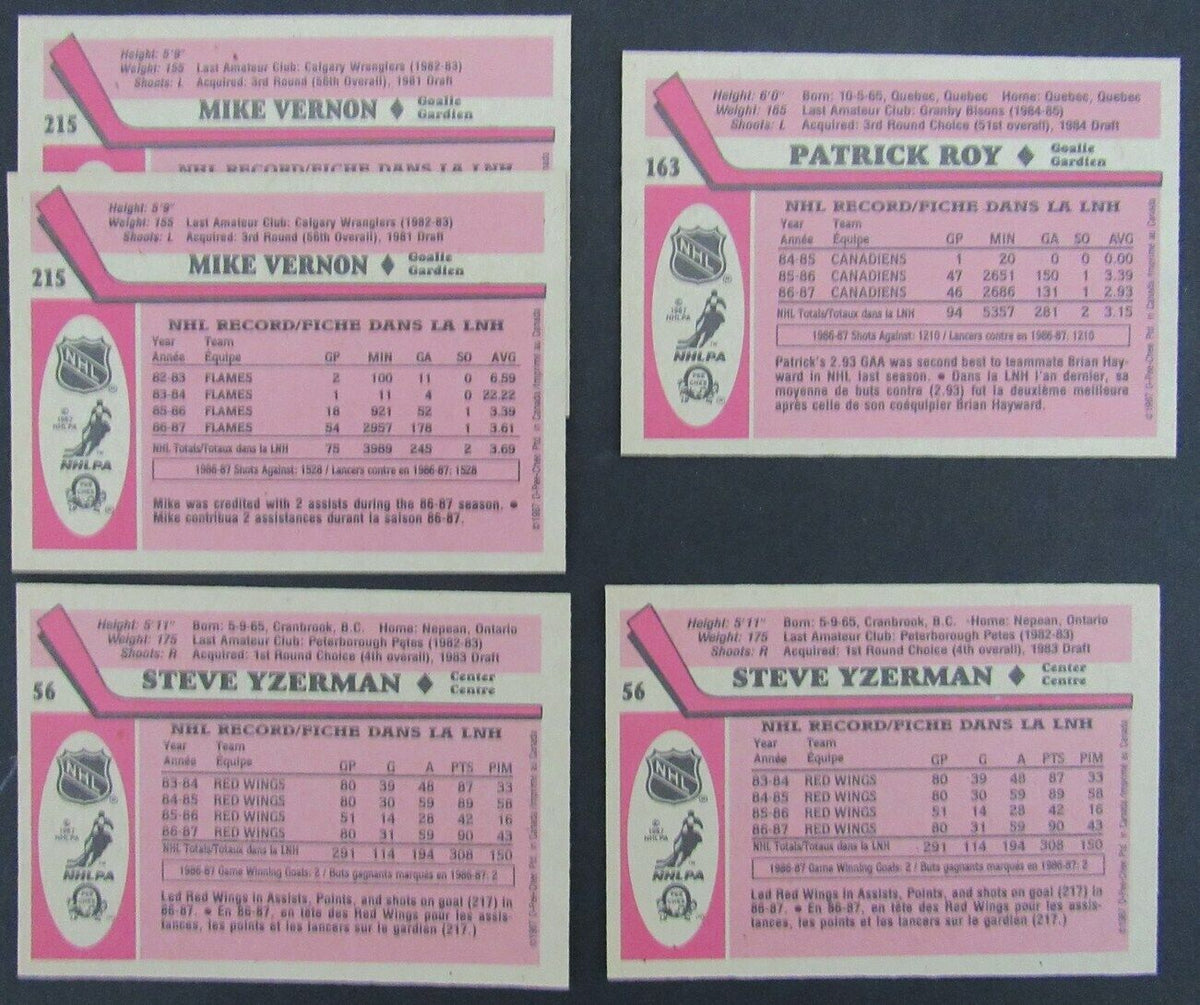 Lot of 5 1987-88 O-Pee-Chee OPC Hockey Cards incl Roy/Yzerman Mike Vernon 158349