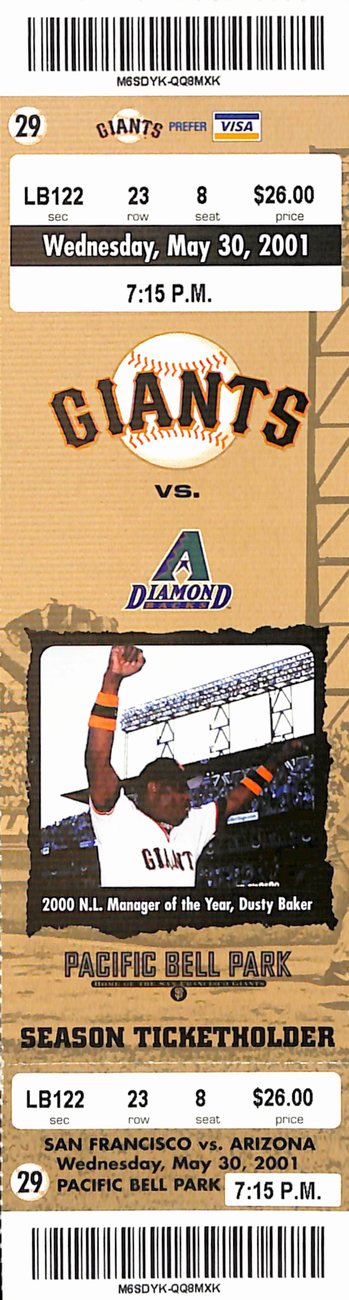 Barry Bonds HR #522 Full Ticket Giants 5/30/2001