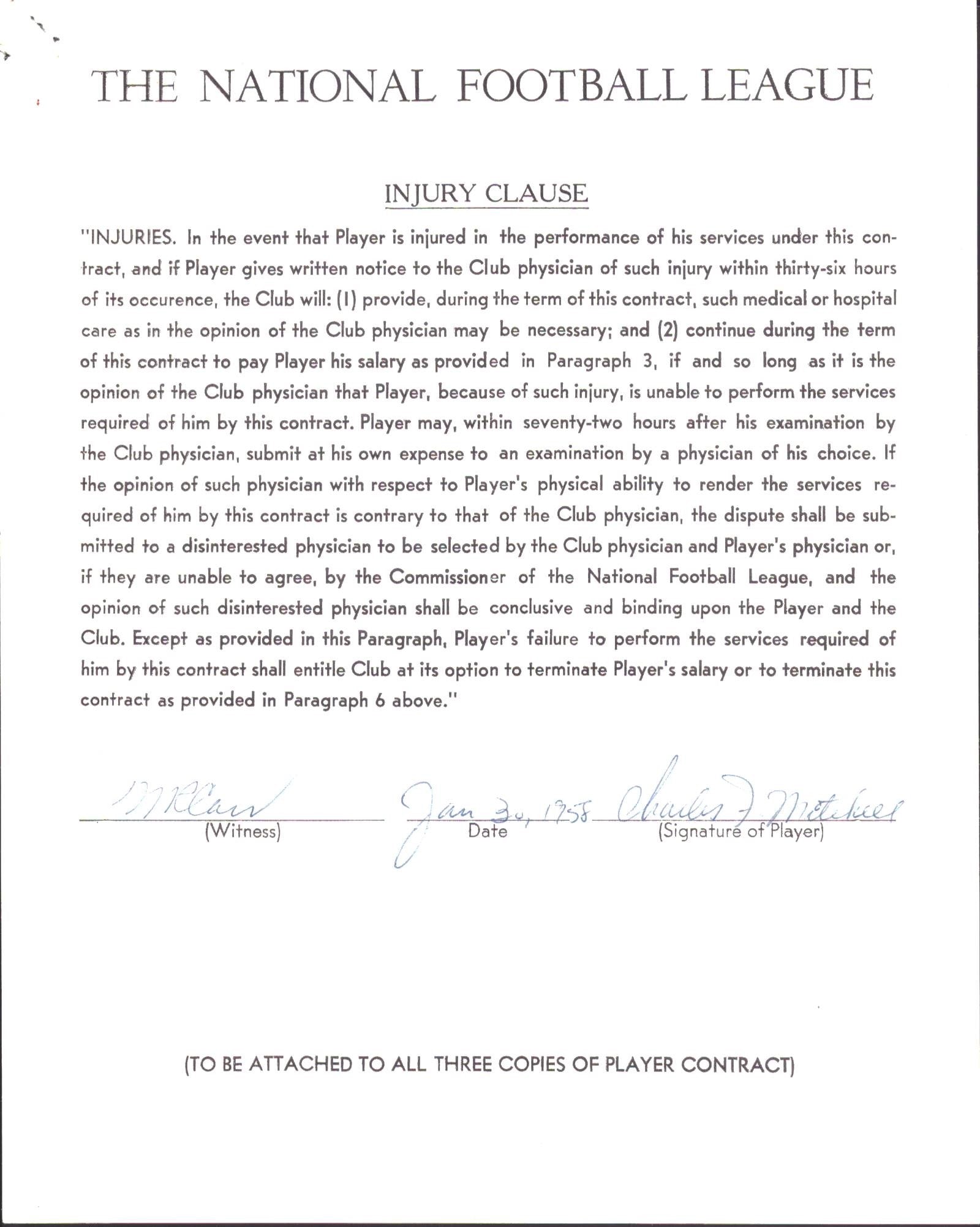 Chaeles Mitchell Autographed 1958 NFL Injury Clause Letter Atlanta Falcons
