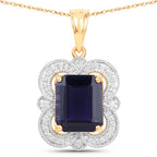 4.07 Carat Genuine Iolite and White Diamond 14K Yellow Gold Pendant