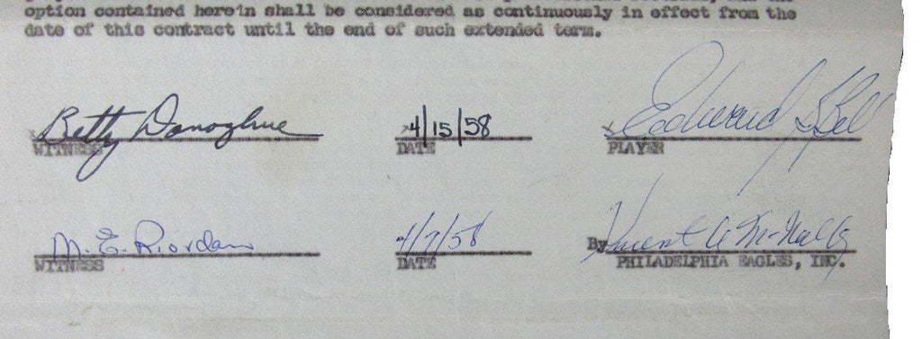 Bert Bell Philadelphia Eagles Signed/Autographed 1958 Contract JSA 160875