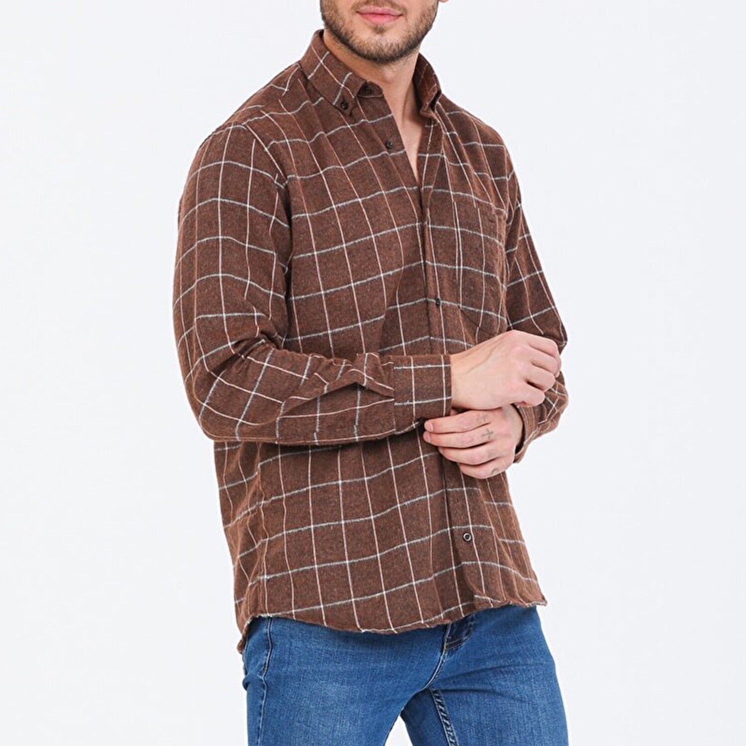 Chase Long Sleeve Checkered Pocket Button-Up Shirt // Brown