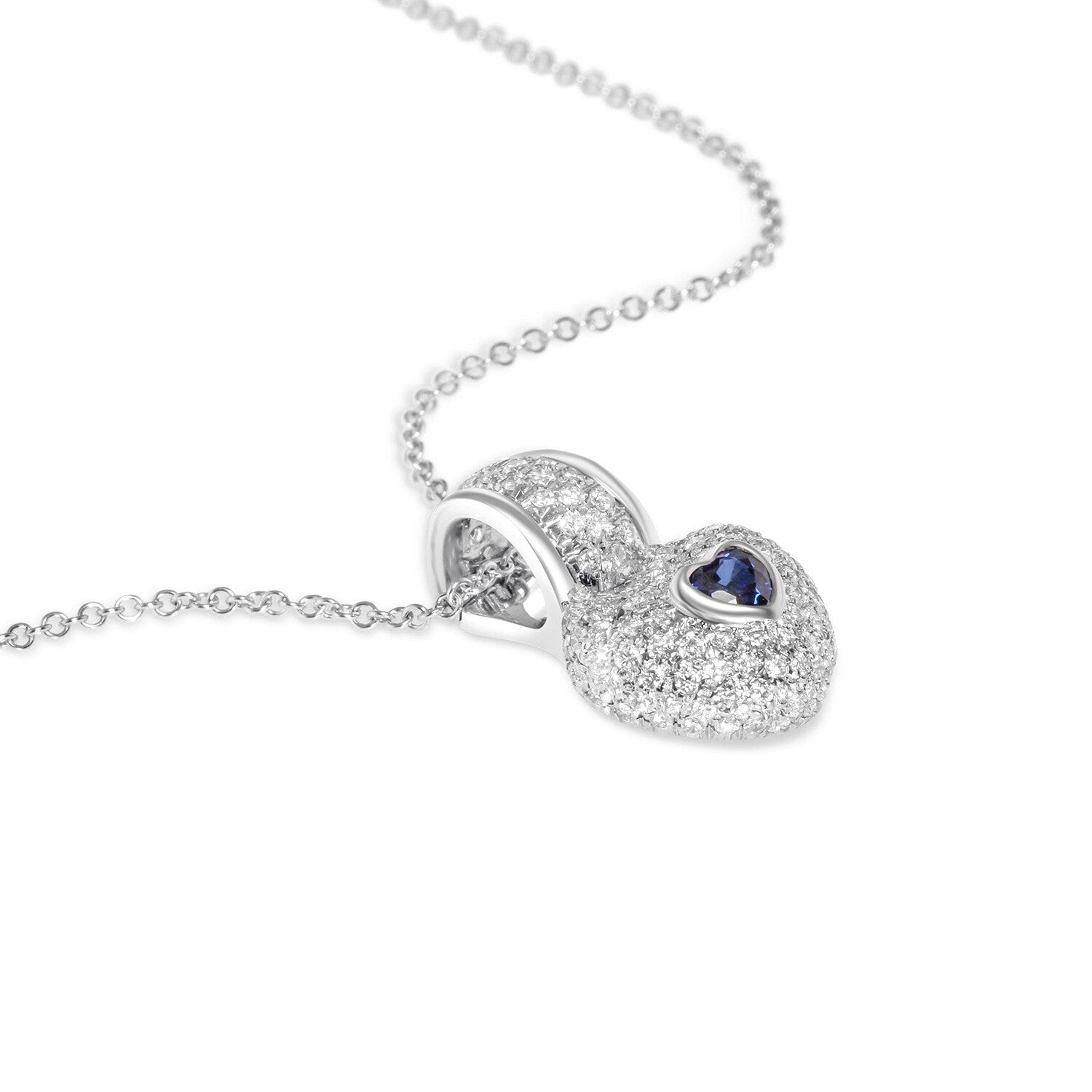 SuperOro // 18K White Gold Diamond + Blue Sapphire Heart Pendant Necklace // 16" // New