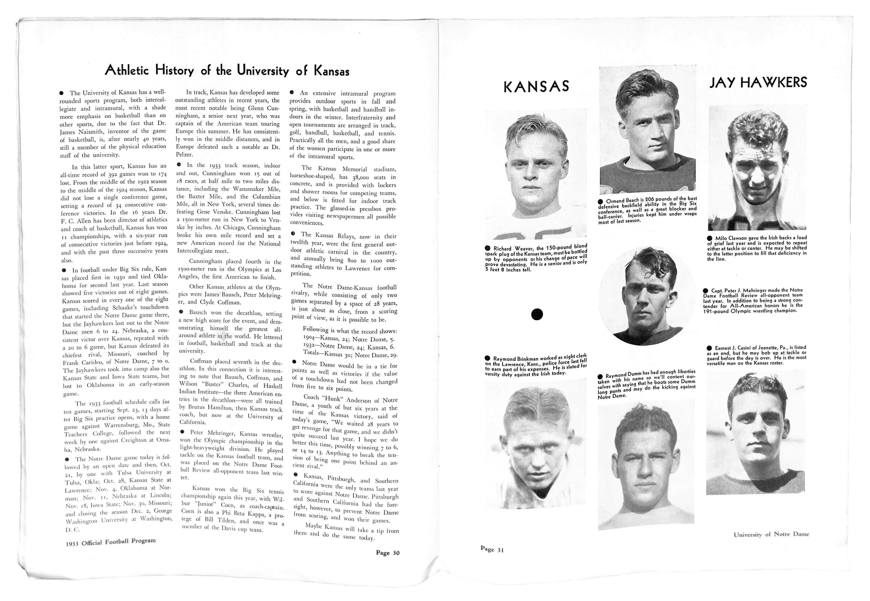 10/7/1933 Kansas vs. Notre Dame College Program 185792