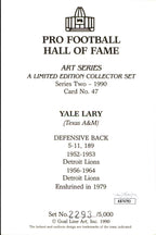 Yale Lary HOF Autographed/Inscribed Goal Line Art GLAC Postcard Lions JSA