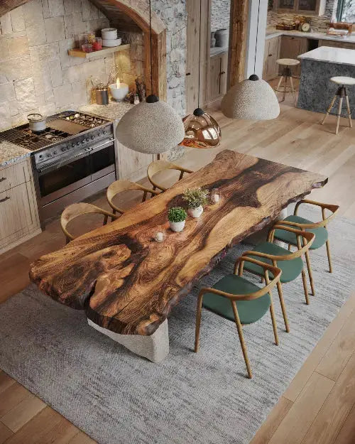 Wabi Sabi Style Luxury Solid Wood Walnut Table with Stone Inspired Legs