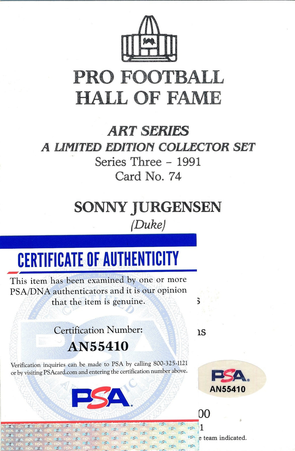 Sonny Jurgensen Redskins Signed 1999 GLAC/Goal Line Art Postcard PSA/DNA 186319