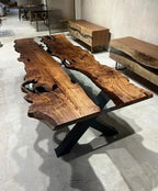 Live Edge, Epoxy Resin River Dining Room Table Made Of Chestnut Wood