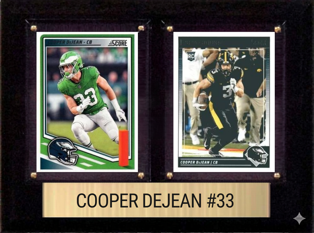 Cooper DeJean Philadelphia Eagles Fan Gift Plaque 6x8 2 Cards Prizm, Donruss, Score 2024 2025 2026