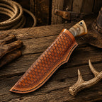 Copper Damascus Hunting Knife – Ram Horn Handle Ranch Belt Carry