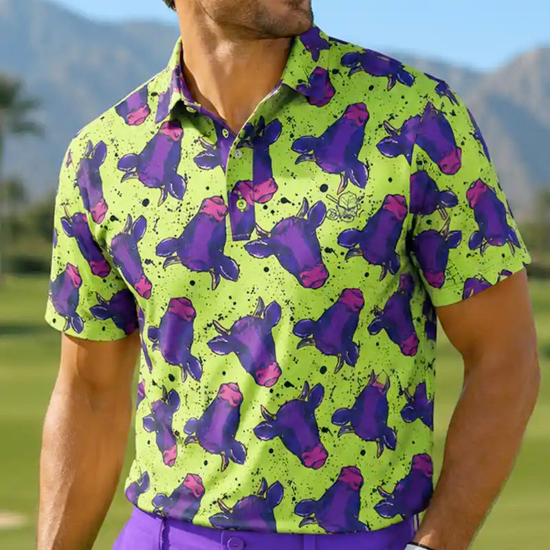 Men's Cool-Stretch Golf Shirt – Yellow/Purple Cow Print