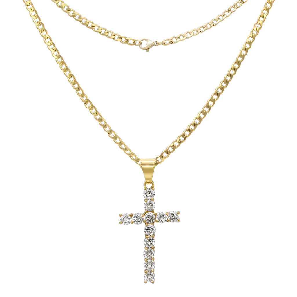 Cubic Zirconia Cross Pendant 14K Gold Plated Necklace Set
