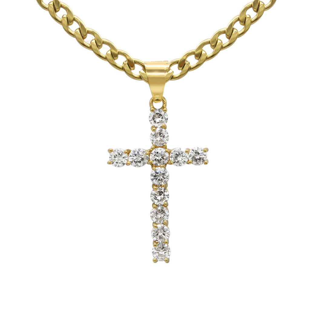Cubic Zirconia Cross Pendant 14K Gold Plated Necklace Set