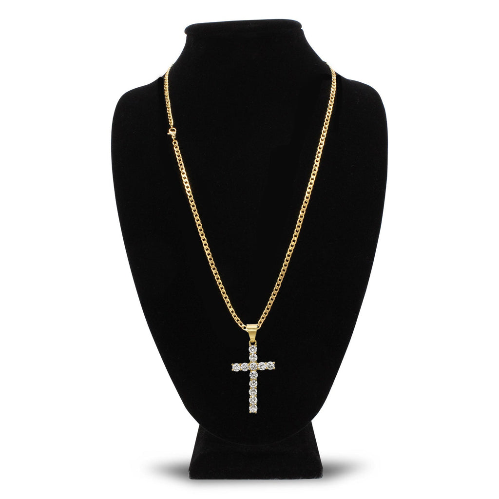 Cubic Zirconia Cross Pendant 14K Gold Plated Necklace Set