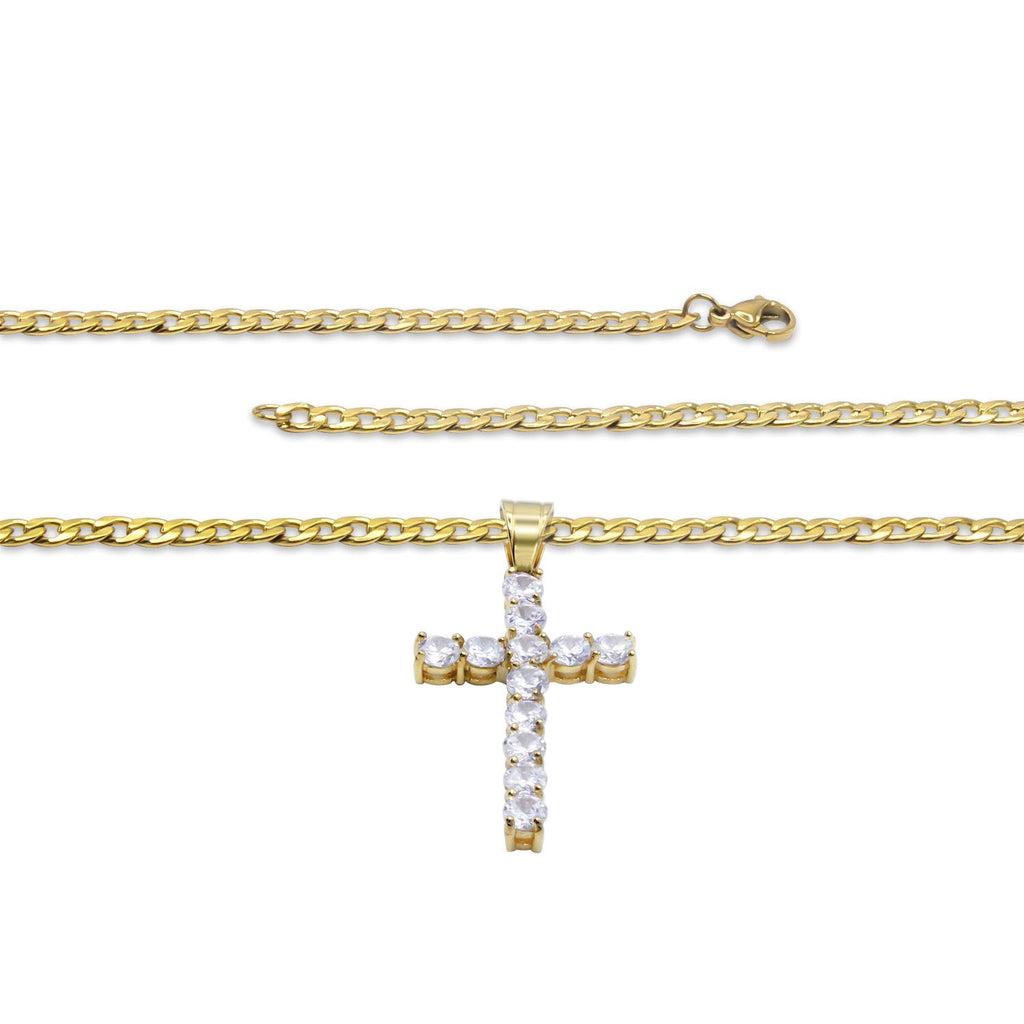 Cubic Zirconia Cross Pendant 14K Gold Plated Necklace Set
