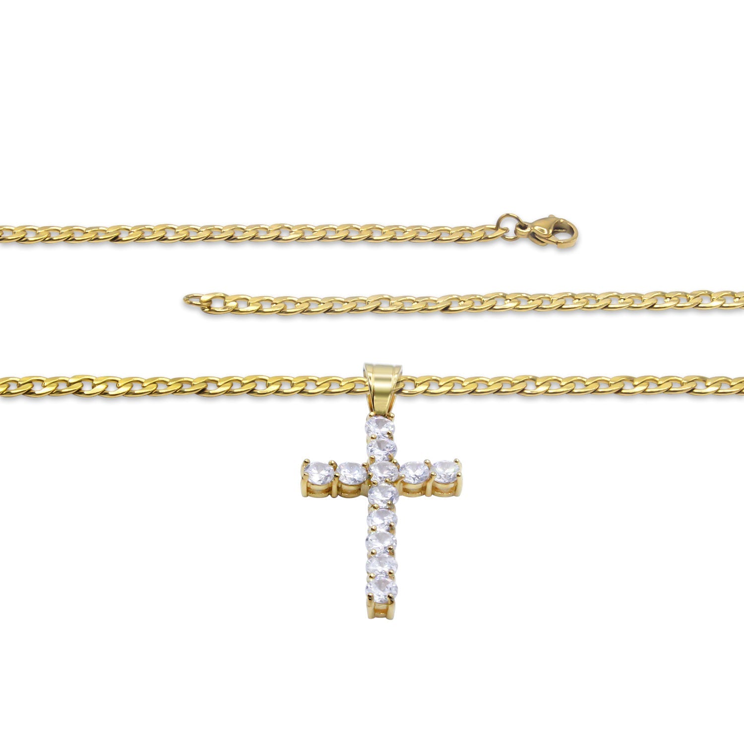 Cubic Zirconia Cross Pendant 14K Gold Plated Necklace Set