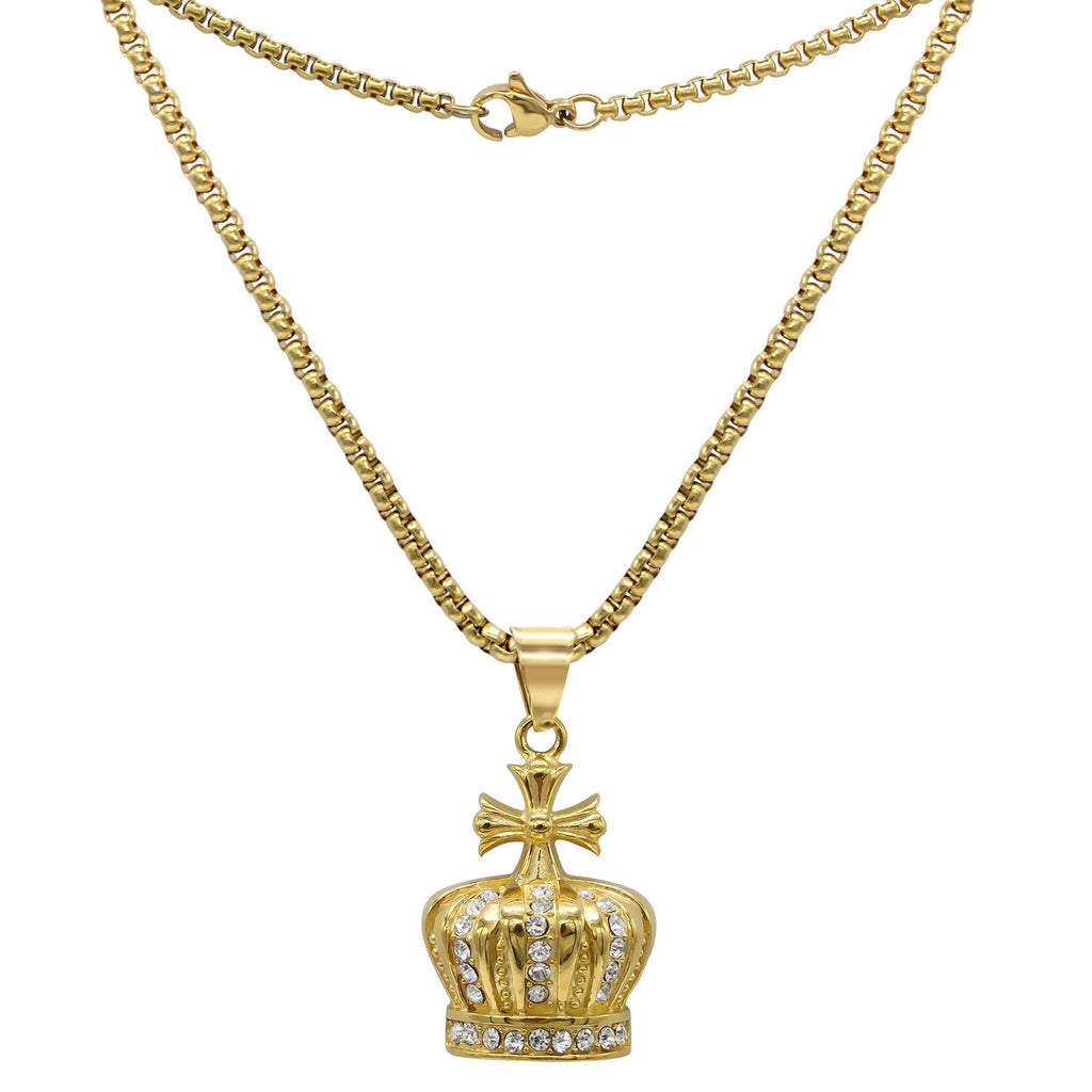 Crown Cubic Zirconia Pendant Necklace Set 14K Gold Plated