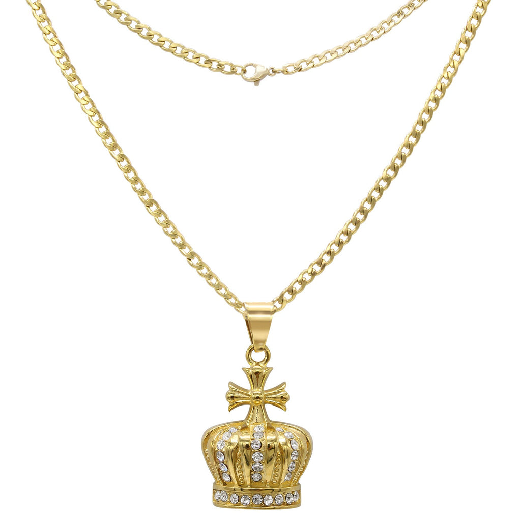 Crown Cubic Zirconia Pendant Necklace Set 14K Gold Plated
