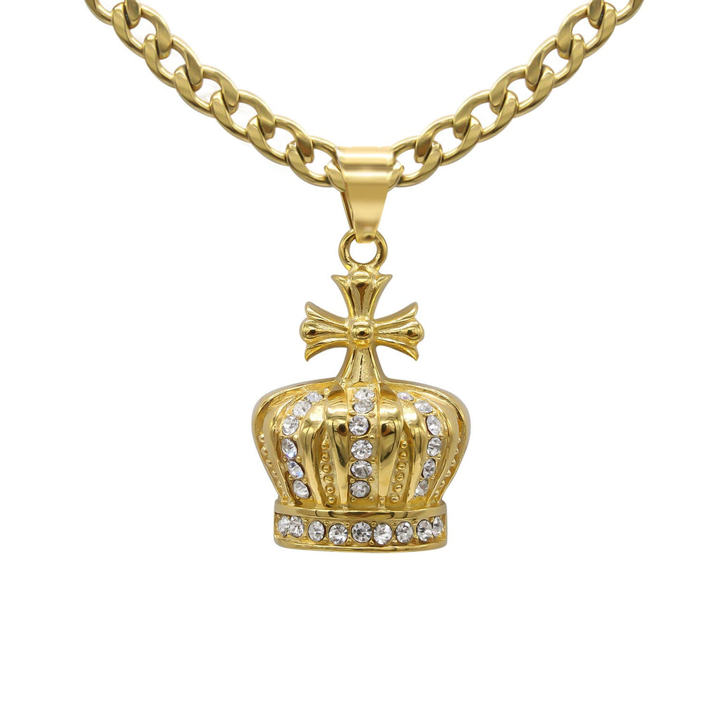 Crown Cubic Zirconia Pendant Necklace Set 14K Gold Plated