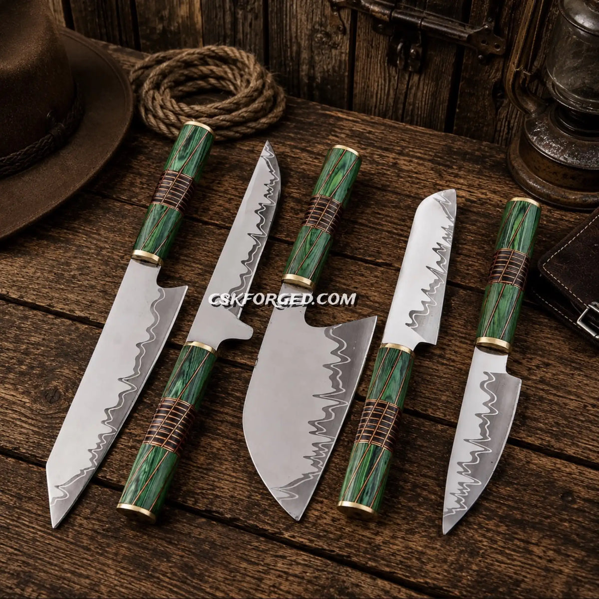 Cu Mai D2 Steel Chef Knife Set – Handmade Kitchen Knives with Green Pakka Wood Handles | Professional 5-Piece Chef Collection