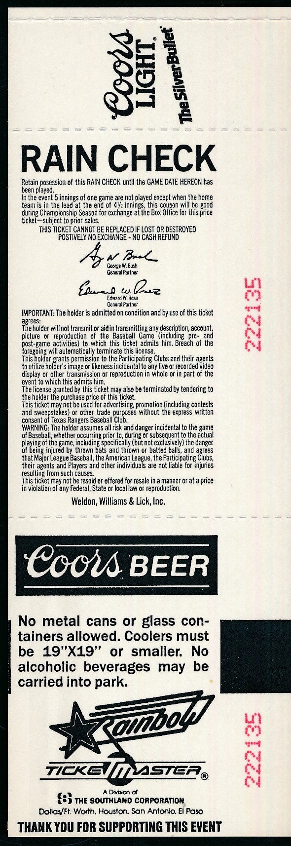 Nolan Ryan Rangers Full Ticket April 14, 1991 Rangers vs. Orioles 303 Wins186491