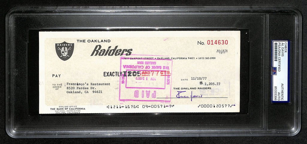 Al Davis HOF Signed/Autographed 8.5x3.5 Bank Check Raiders PSA/DNA 193239