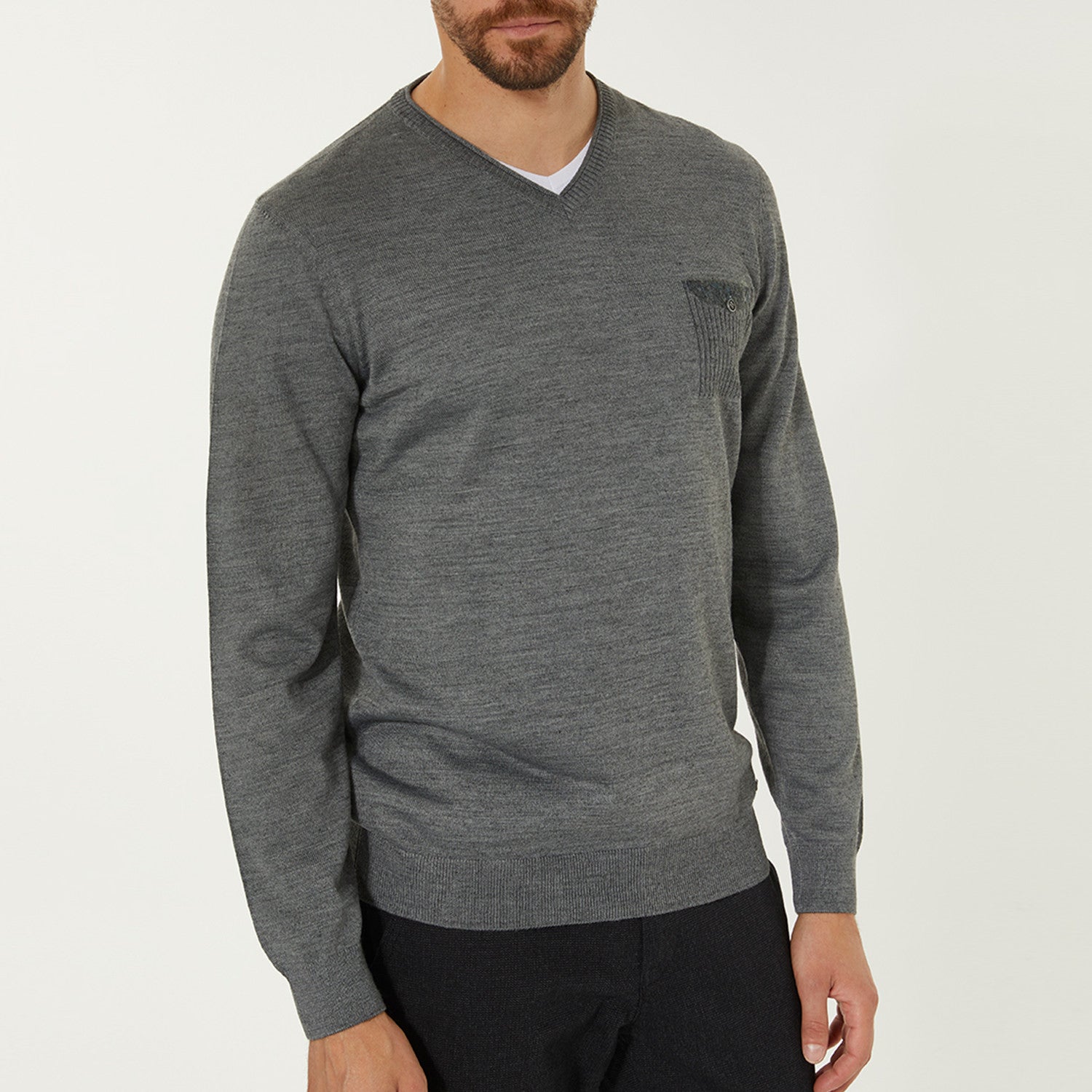 Wool Blend V-Neck Pocket Sweater // Gray