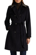 Lauren Ralph Lauren Tie Waist Faux Leather Trim Wool Blend Coat in Regal Navy , Size 6
