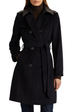 Lauren Ralph Lauren Tie Waist Faux Leather Trim Wool Blend Coat in Regal Navy , Size 6